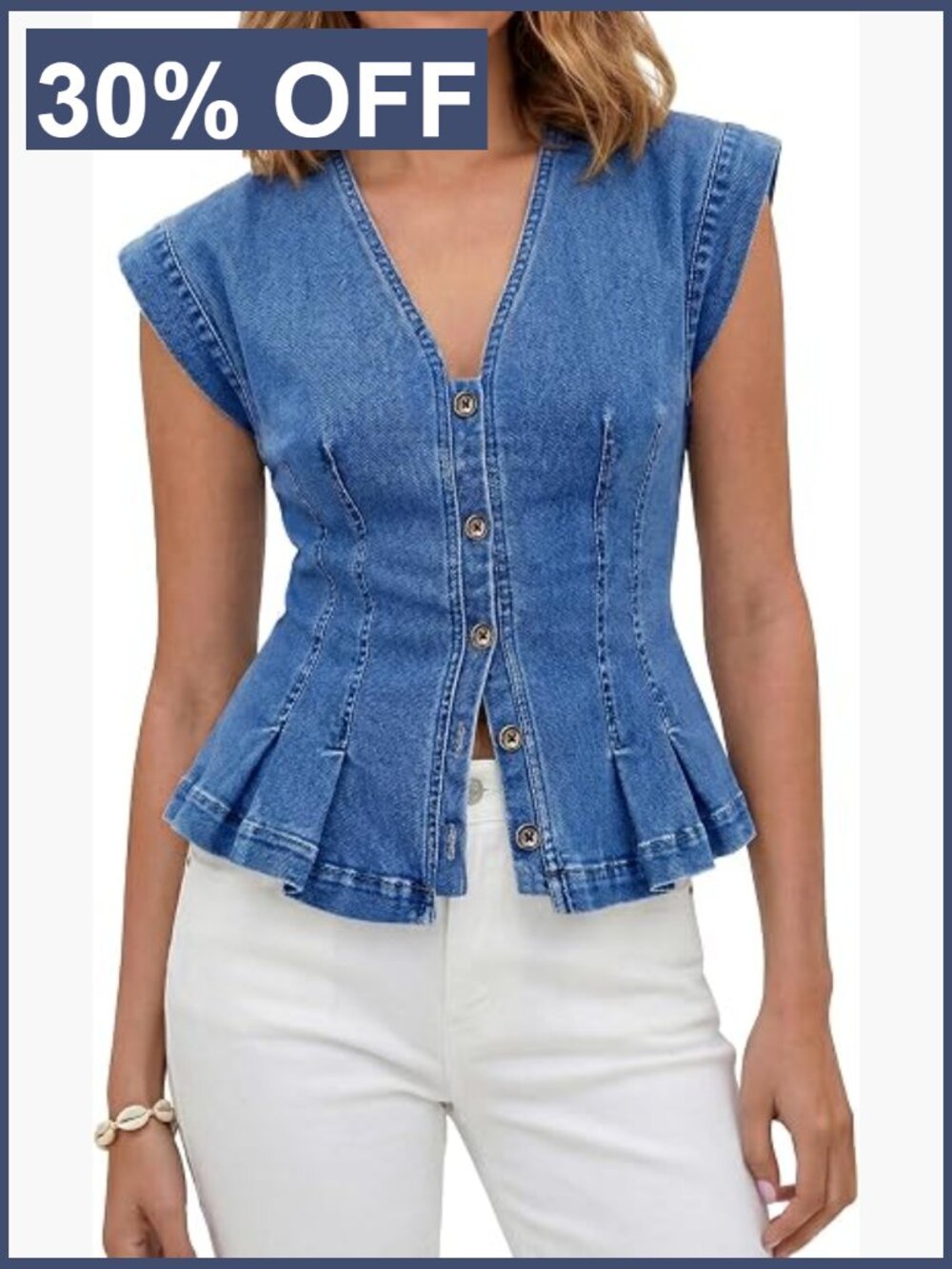 V Neck Denim Vest Top, Sleeveless Jean Vest, Pleated Hem, Casual Y2K Fitted - Picture 1 of 7